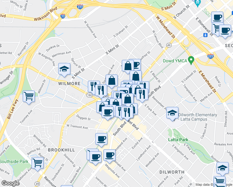 map of restaurants, bars, coffee shops, grocery stores, and more near 1625 South Tryon Street in Charlotte