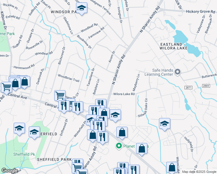 map of restaurants, bars, coffee shops, grocery stores, and more near 4025 North Sharon Amity Road in Charlotte