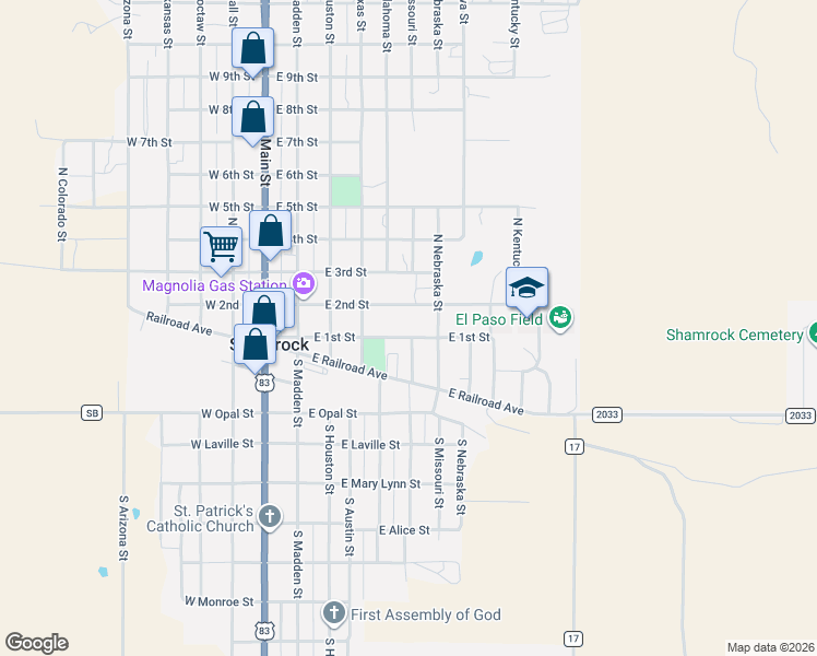 map of restaurants, bars, coffee shops, grocery stores, and more near 508 East 1st Street in Shamrock