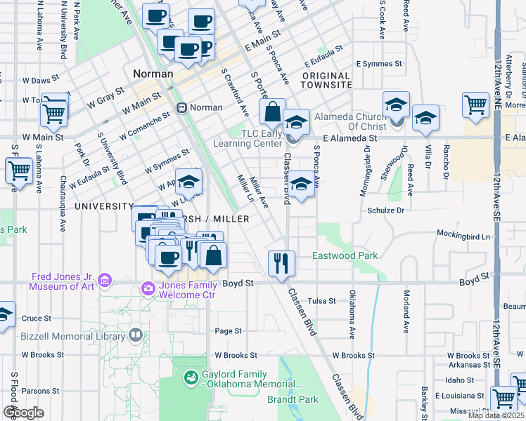 map of restaurants, bars, coffee shops, grocery stores, and more near 217 Ferrill Street in Norman