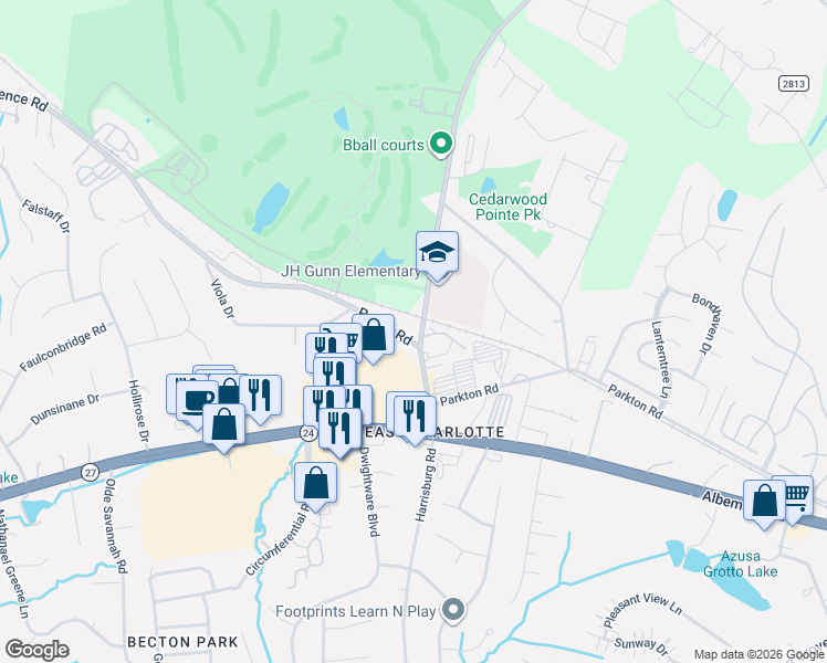 map of restaurants, bars, coffee shops, grocery stores, and more near 8712 Pence Road in Charlotte