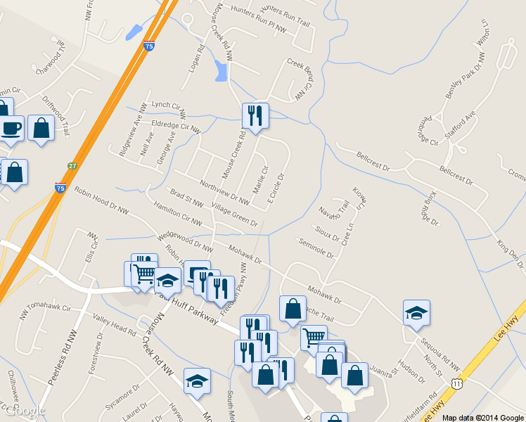map of restaurants, bars, coffee shops, grocery stores, and more near 575 Northview Drive Northwest in Cleveland