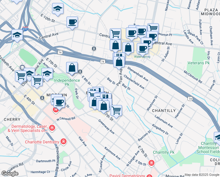 map of restaurants, bars, coffee shops, grocery stores, and more near 614 Clement Avenue in Charlotte