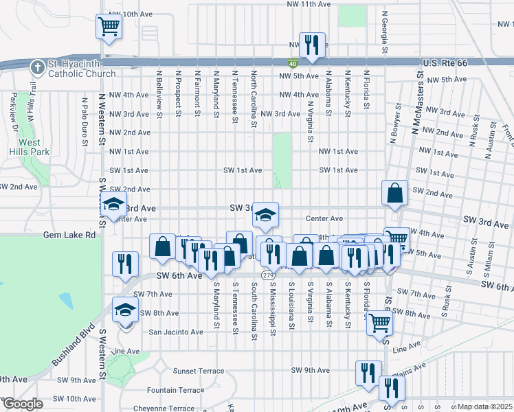 map of restaurants, bars, coffee shops, grocery stores, and more near 3301 Southwest 2nd Avenue in Amarillo