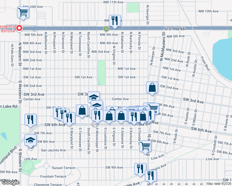 map of restaurants, bars, coffee shops, grocery stores, and more near 201 South Virginia Street in Amarillo