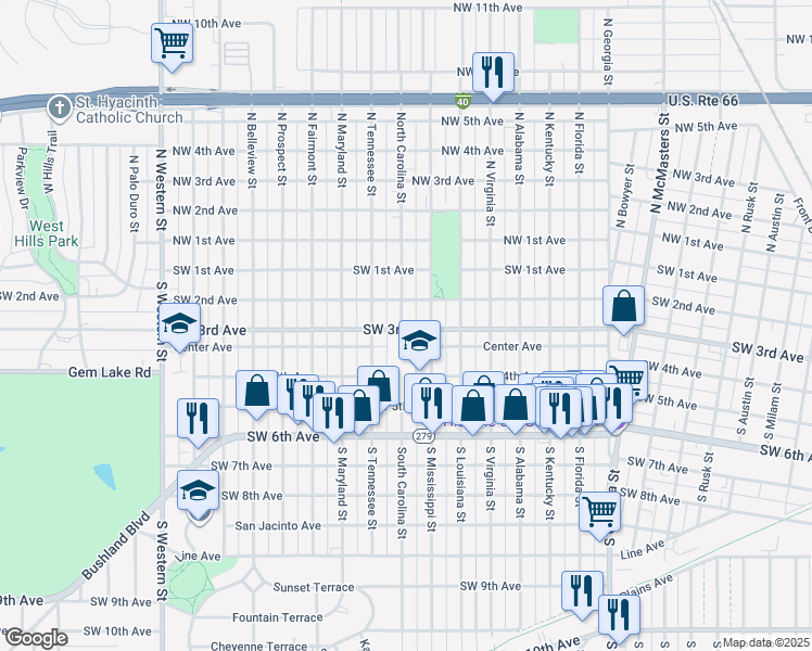 map of restaurants, bars, coffee shops, grocery stores, and more near 3301 Southwest 2nd Avenue in Amarillo