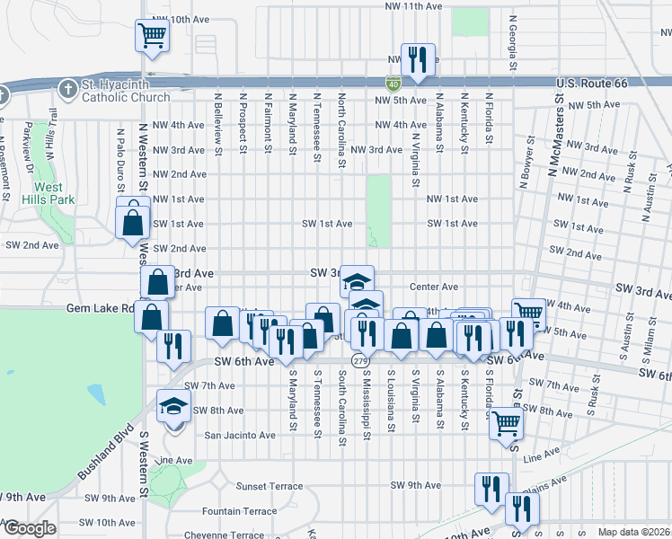 map of restaurants, bars, coffee shops, grocery stores, and more near 201 South Tennessee Street in Amarillo
