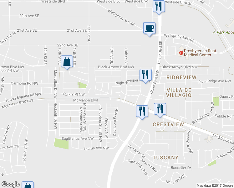 map of restaurants, bars, coffee shops, grocery stores, and more near 5820 Day Dreamer Road Northwest in Albuquerque