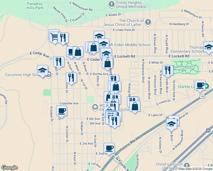 map of restaurants, bars, coffee shops, grocery stores, and more near 2721 North Fourth Street in Flagstaff