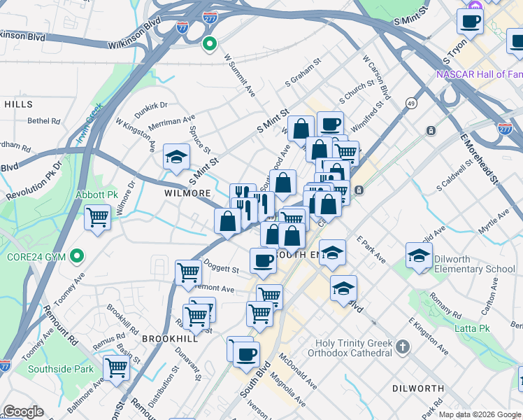 map of restaurants, bars, coffee shops, grocery stores, and more near 232 West Kingston Avenue in Charlotte