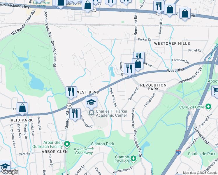 map of restaurants, bars, coffee shops, grocery stores, and more near 1800 West Boulevard in Charlotte