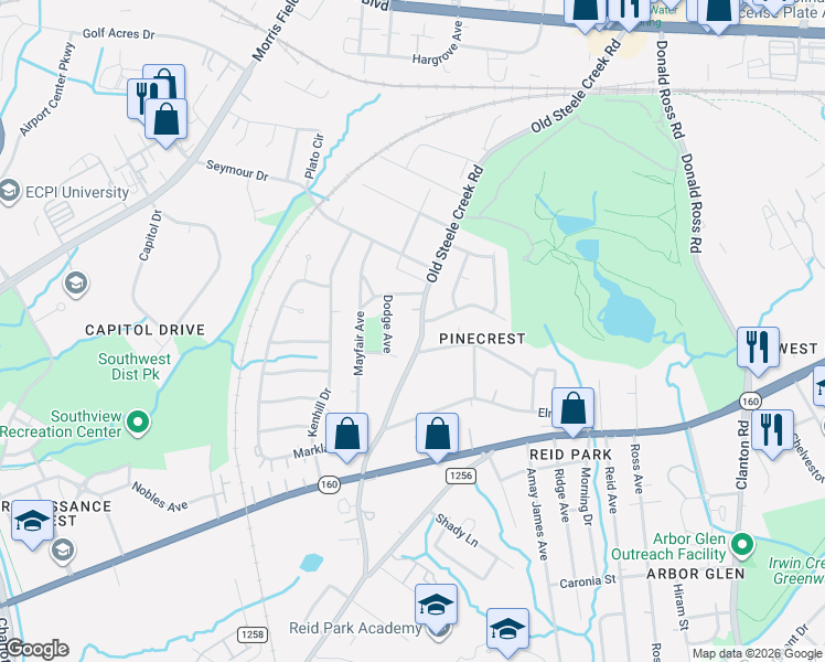 map of restaurants, bars, coffee shops, grocery stores, and more near 2639 Old Steele Creek Road in Charlotte