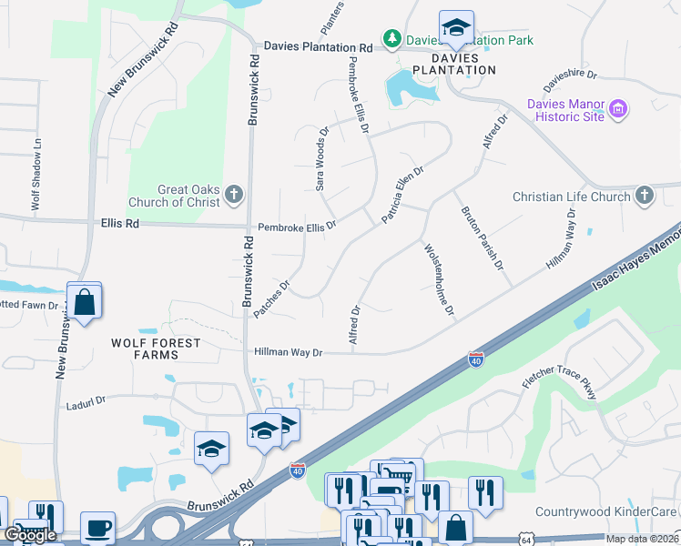 map of restaurants, bars, coffee shops, grocery stores, and more near 3291 Patricia Ellen Drive in Memphis