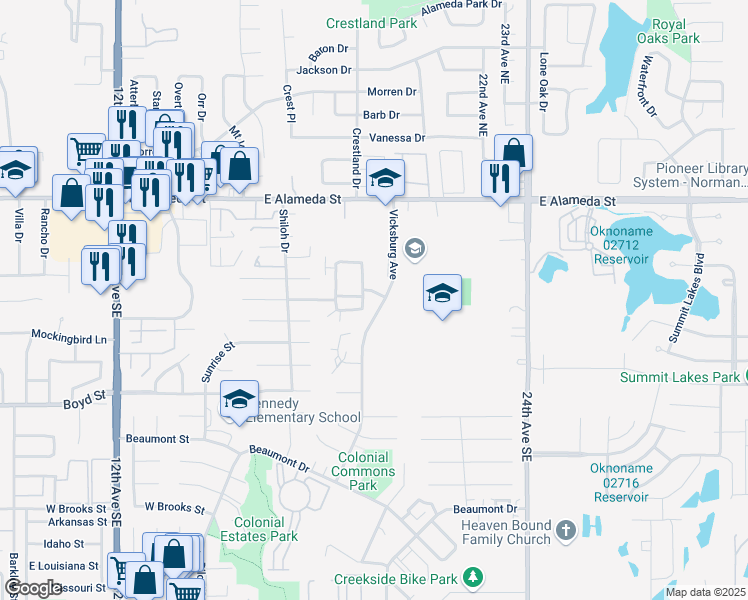 map of restaurants, bars, coffee shops, grocery stores, and more near 217 Bull Run Street in Norman