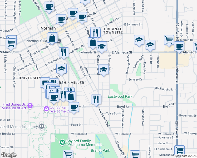 map of restaurants, bars, coffee shops, grocery stores, and more near 321 East Duffy Street in Norman