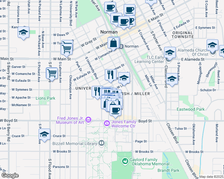 map of restaurants, bars, coffee shops, grocery stores, and more near 502 South Webster Avenue in Norman