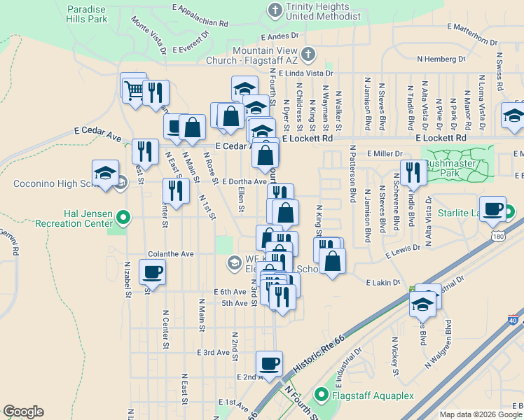 map of restaurants, bars, coffee shops, grocery stores, and more near 2721 North Fourth Street in Flagstaff