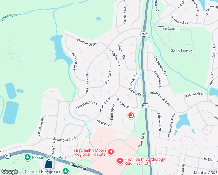 map of restaurants, bars, coffee shops, grocery stores, and more near 130 Fox Run Road in Pinehurst