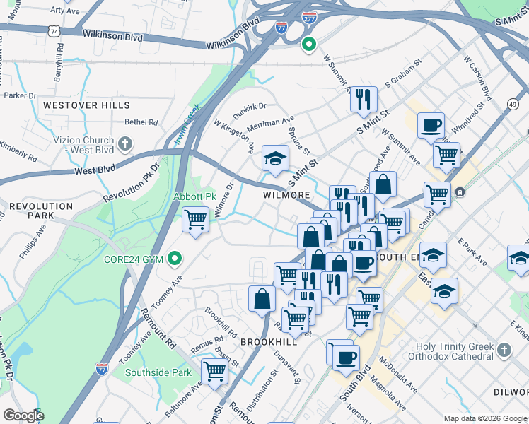 map of restaurants, bars, coffee shops, grocery stores, and more near in Charlotte