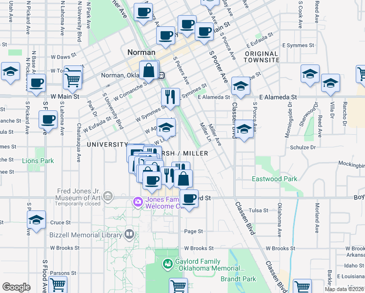 map of restaurants, bars, coffee shops, grocery stores, and more near 102 West Linn Street in Norman