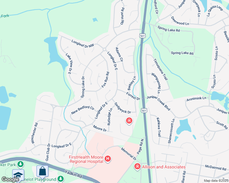 map of restaurants, bars, coffee shops, grocery stores, and more near 1520 Longleaf Drive East in Pinehurst