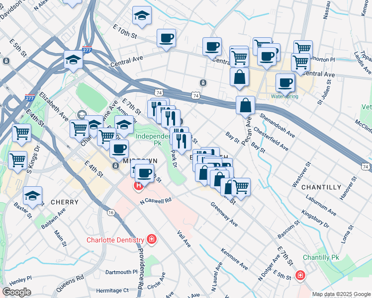 map of restaurants, bars, coffee shops, grocery stores, and more near 1800 East 8th Street in Charlotte