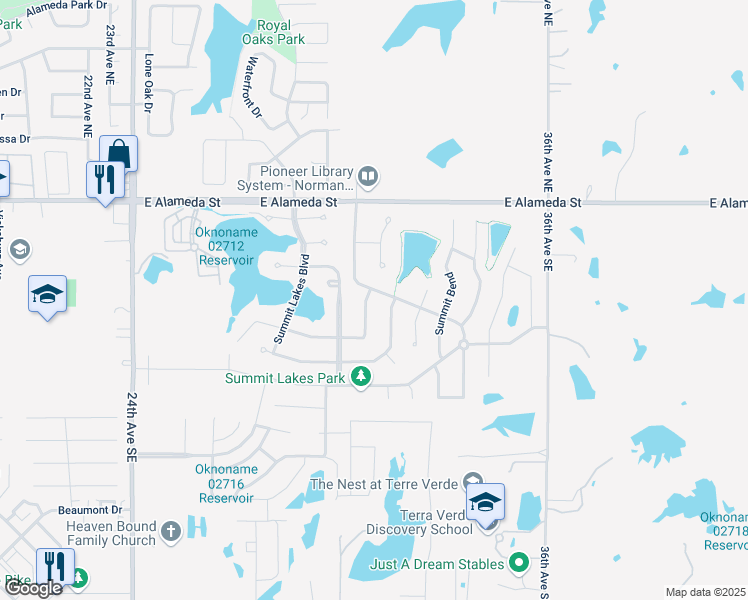 map of restaurants, bars, coffee shops, grocery stores, and more near 405 Misty Ridge Drive in Norman