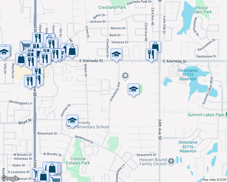 map of restaurants, bars, coffee shops, grocery stores, and more near 1904 Dover Street in Norman