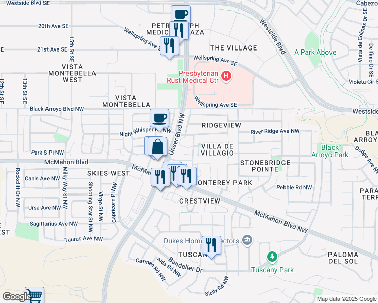map of restaurants, bars, coffee shops, grocery stores, and more near 5705 Pinnacle Peak Court Northwest in Albuquerque