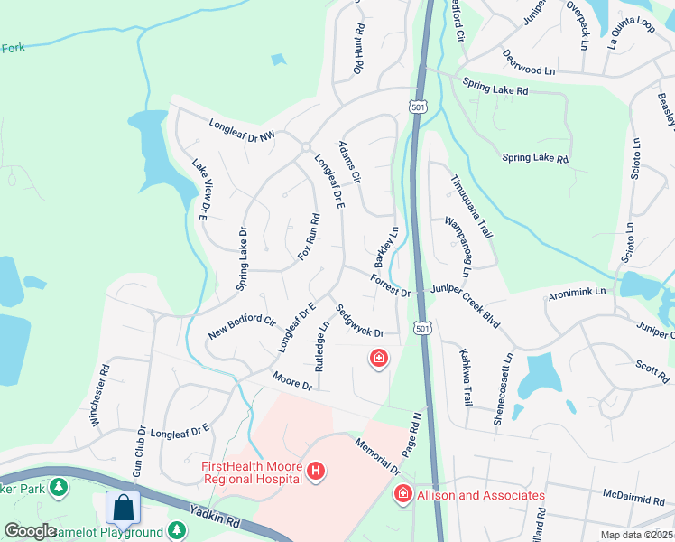 map of restaurants, bars, coffee shops, grocery stores, and more near 1520 Longleaf Drive East in Pinehurst