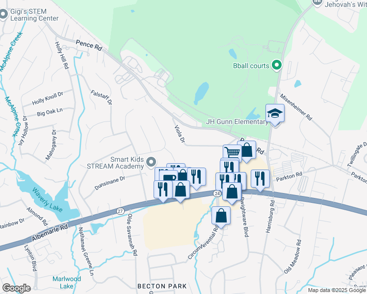 map of restaurants, bars, coffee shops, grocery stores, and more near 8430 Viola Drive in Charlotte