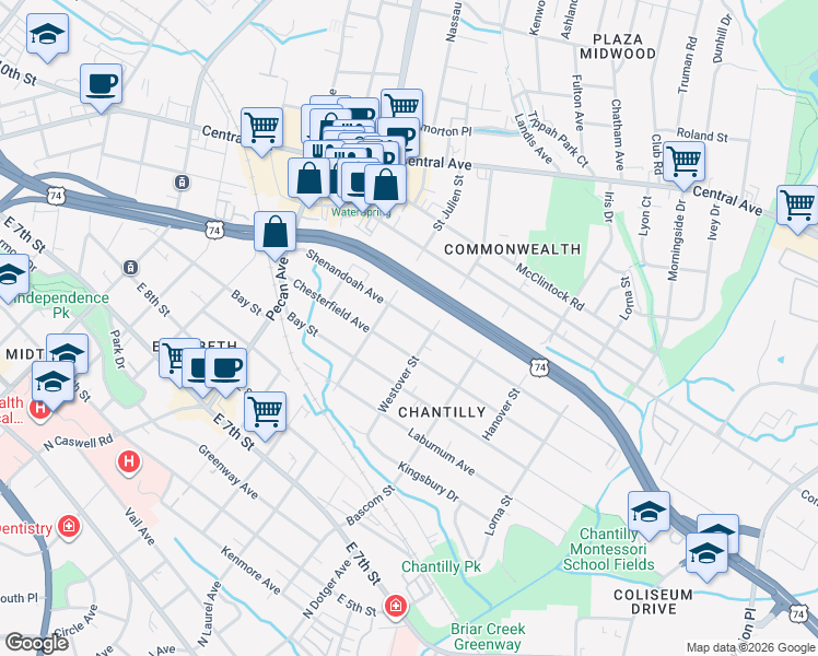 map of restaurants, bars, coffee shops, grocery stores, and more near 2225 Shenandoah Avenue in Charlotte