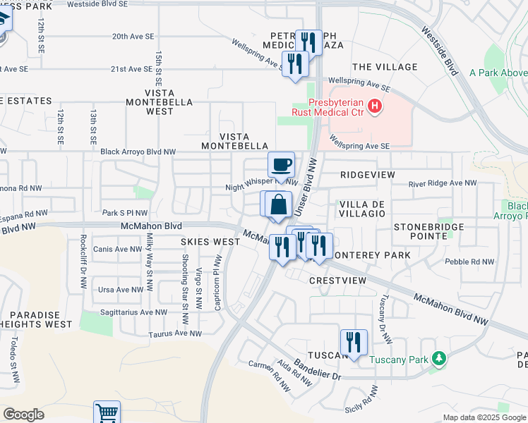 map of restaurants, bars, coffee shops, grocery stores, and more near 5753 Pinon Dulce Road Northwest in Albuquerque
