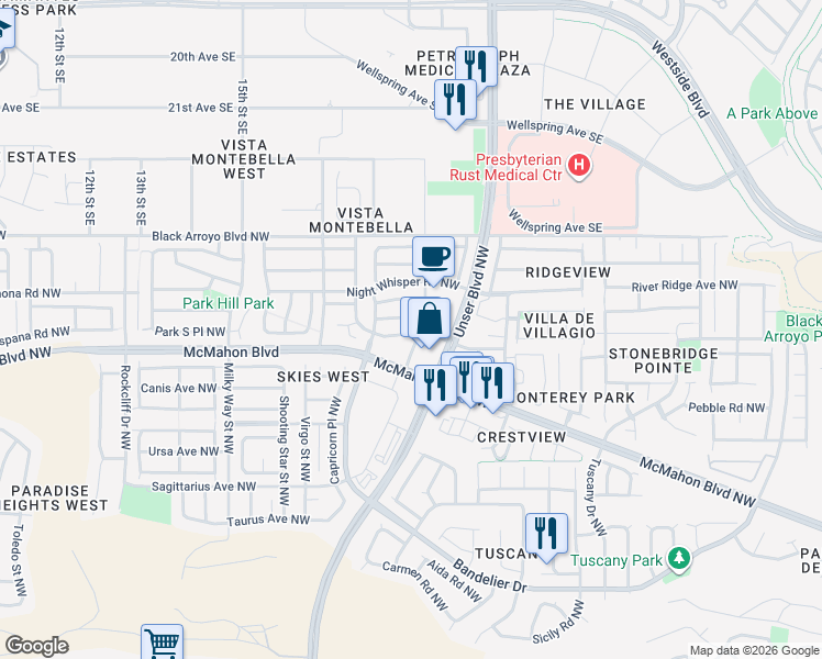map of restaurants, bars, coffee shops, grocery stores, and more near 5752 Pinon Flats Road Northwest in Albuquerque