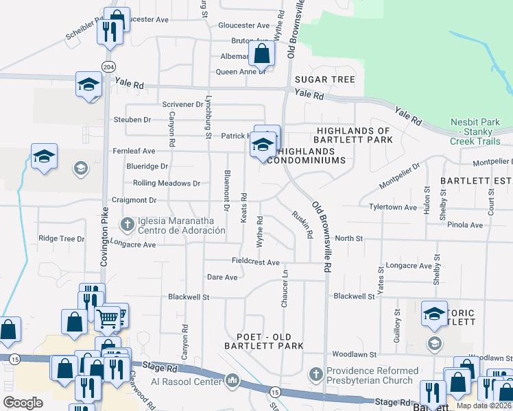 map of restaurants, bars, coffee shops, grocery stores, and more near 5366 Craigmont Drive in Memphis