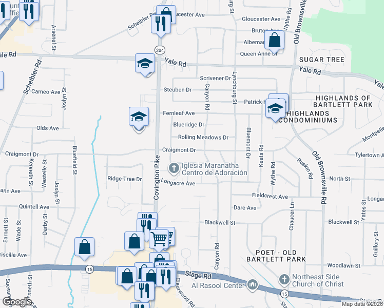 map of restaurants, bars, coffee shops, grocery stores, and more near 5140 Craigmont Drive in Memphis