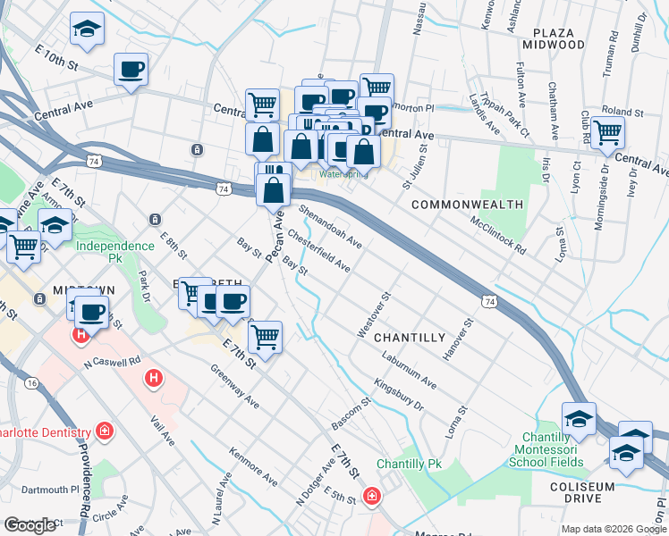 map of restaurants, bars, coffee shops, grocery stores, and more near 2115 Chesterfield Avenue in Charlotte