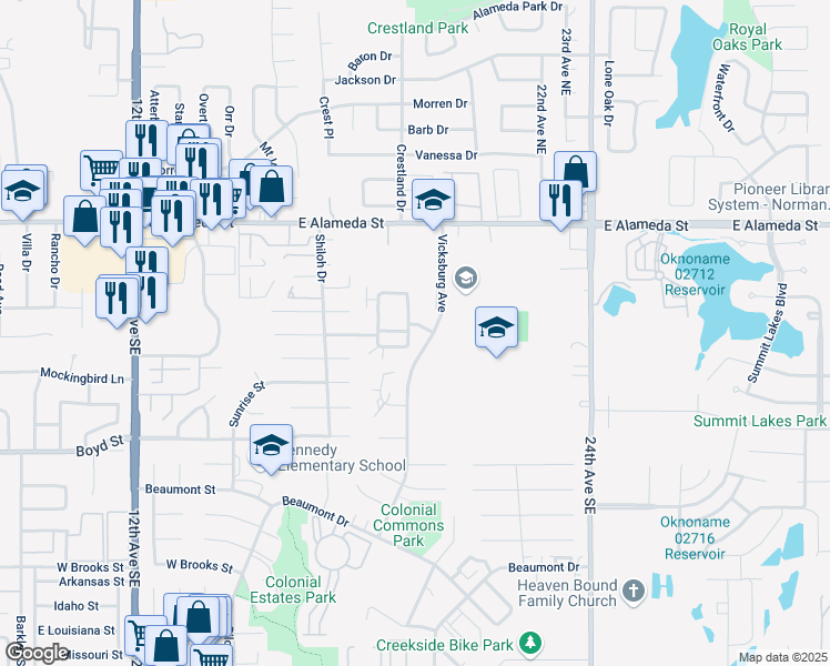 map of restaurants, bars, coffee shops, grocery stores, and more near 217 Bull Run Street in Norman