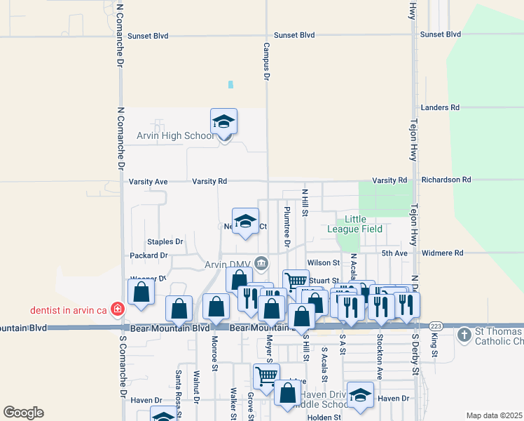 map of restaurants, bars, coffee shops, grocery stores, and more near 500 Campus Drive in Arvin