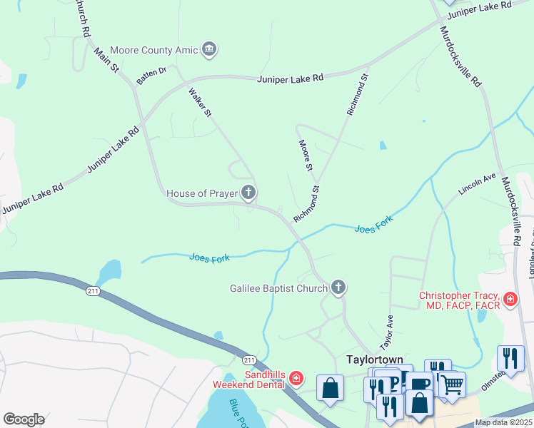 map of restaurants, bars, coffee shops, grocery stores, and more near Main Street in Pinehurst