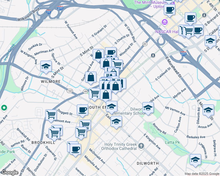 map of restaurants, bars, coffee shops, grocery stores, and more near 102 West Park Avenue in Charlotte