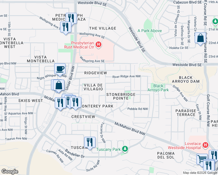 map of restaurants, bars, coffee shops, grocery stores, and more near 10863 Stonebrook Place Northwest in Albuquerque