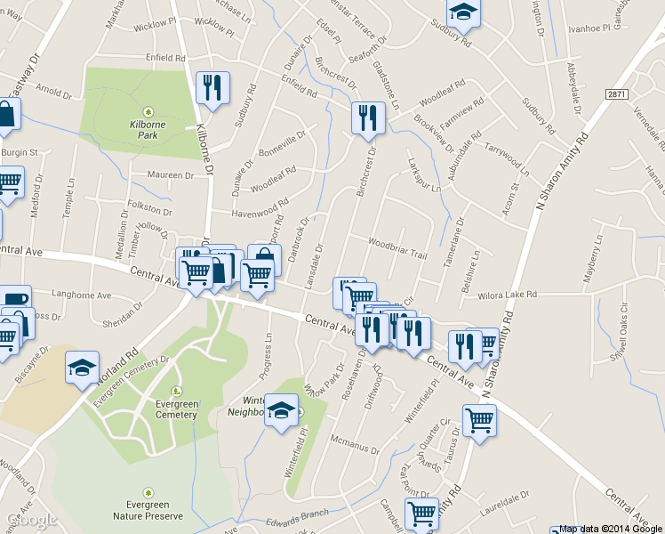 map of restaurants, bars, coffee shops, grocery stores, and more near in Charlotte