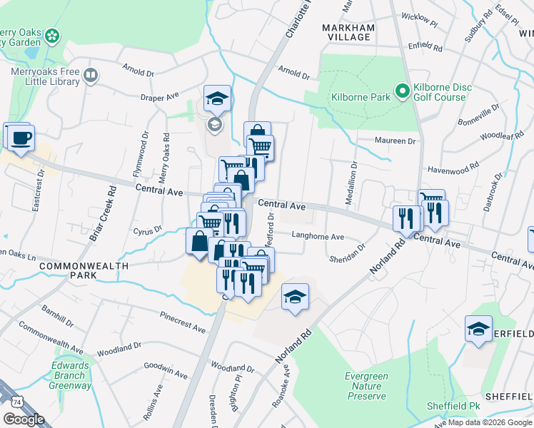 map of restaurants, bars, coffee shops, grocery stores, and more near in Charlotte