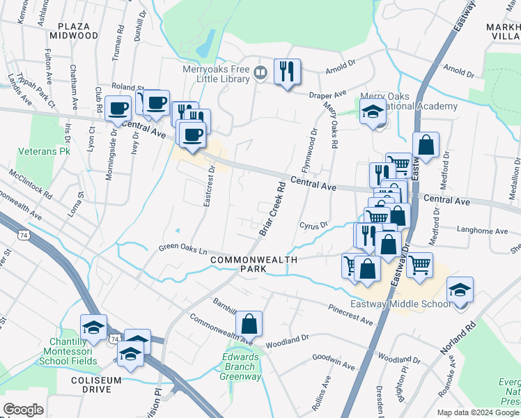 map of restaurants, bars, coffee shops, grocery stores, and more near 1555 Briar Creek Road in Charlotte