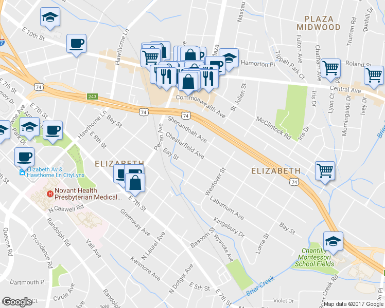 map of restaurants, bars, coffee shops, grocery stores, and more near 2115 Chesterfield Avenue in Charlotte