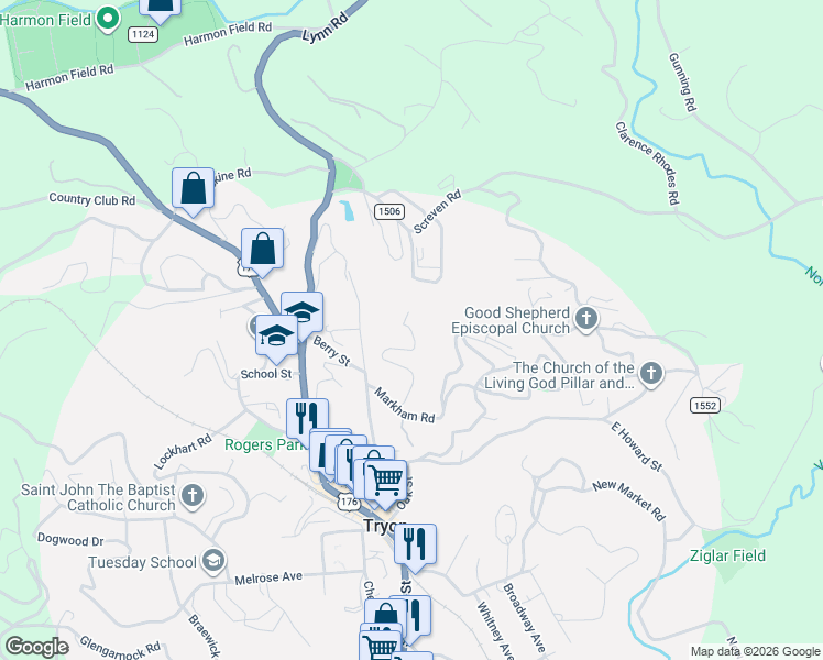 map of restaurants, bars, coffee shops, grocery stores, and more near 345 Payne Street in Tryon