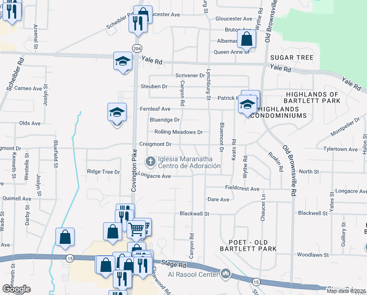 map of restaurants, bars, coffee shops, grocery stores, and more near 3293 Canyon Road in Memphis