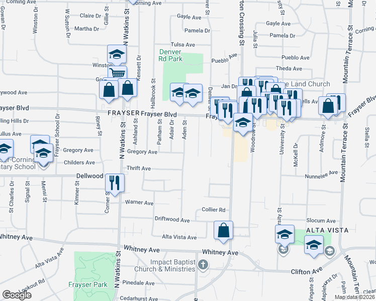 map of restaurants, bars, coffee shops, grocery stores, and more near 3293 Aden Street in Memphis
