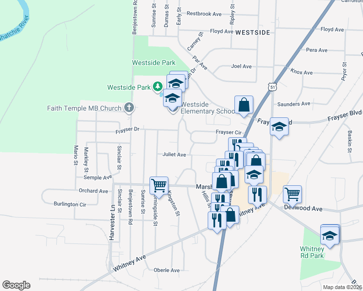 map of restaurants, bars, coffee shops, grocery stores, and more near 844 Frayser Circle in Memphis